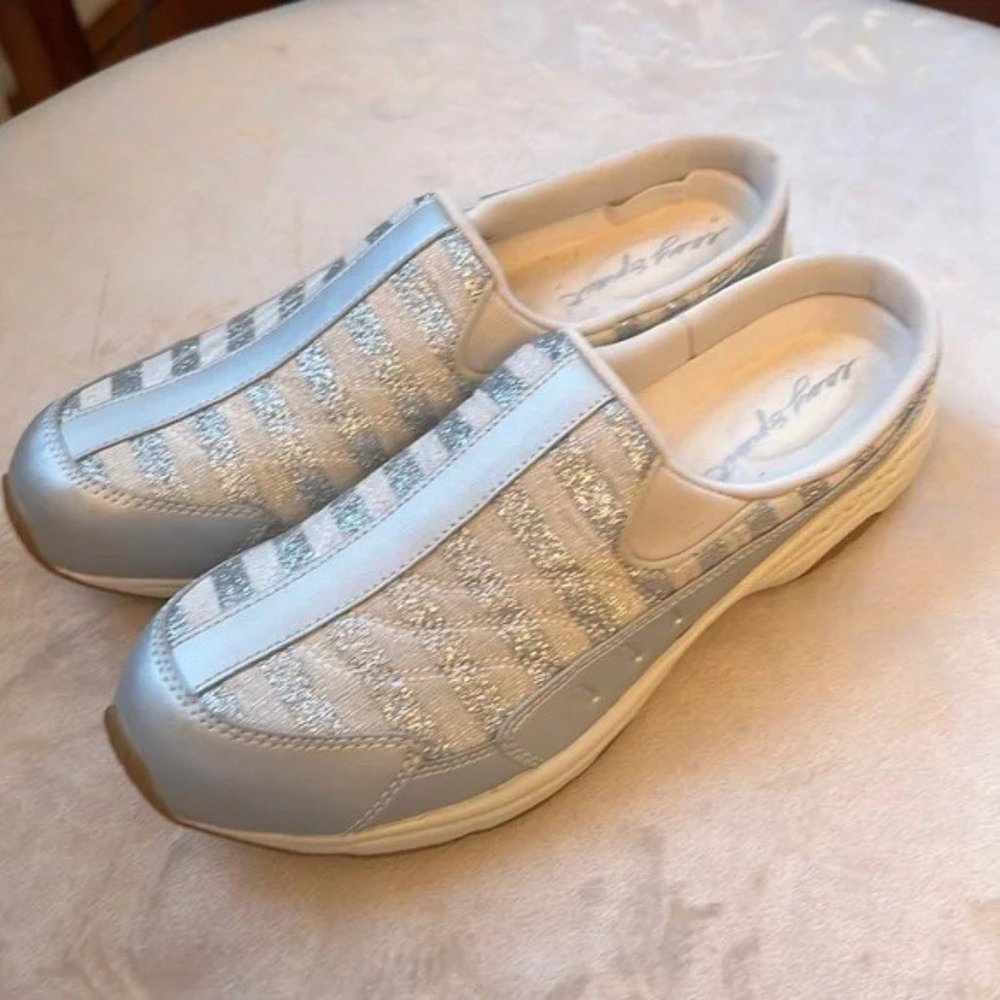 Easy Spirit Sz 11 Silver Sparkle Stripe Slide Sneakers EUC